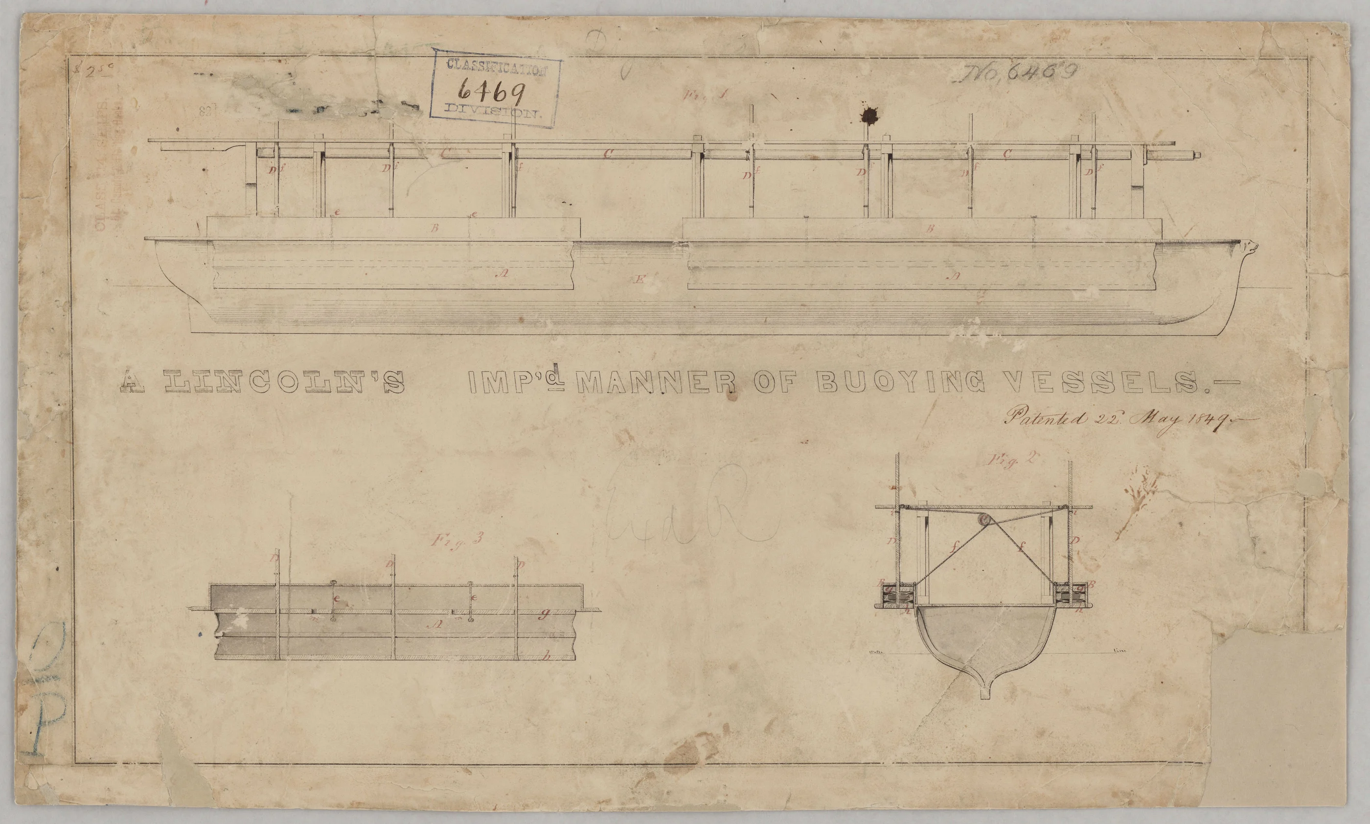 Ink drawing of a riverboat with long air chambers fixed along its sides, titled A Lincoln&rsquo;s Imp&rsquo;d Manner of Buoying Vessels, Patented 22d May 1849. Full size.