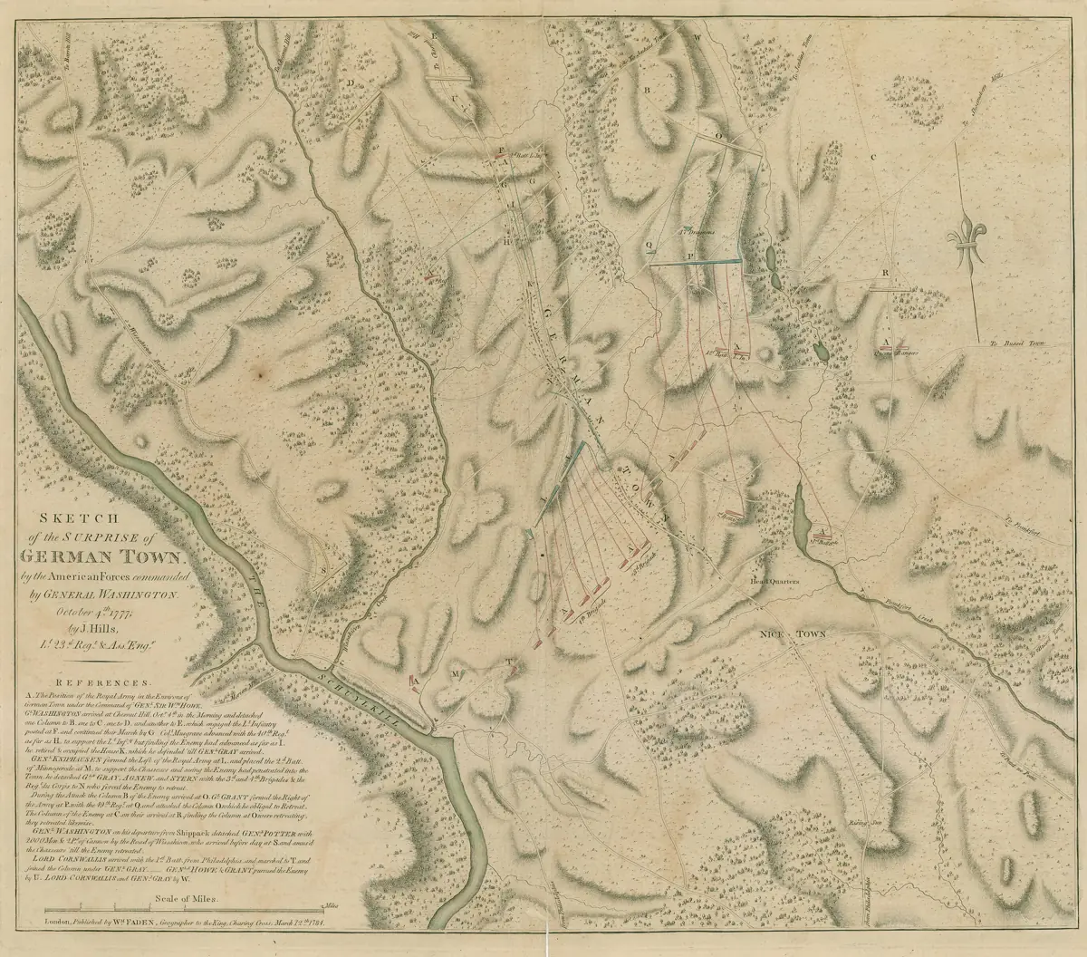 Hand-colored 1784 map of the Battle of Germantown, showing roads, hills, the Schuylkill River, and British troop lines in red and blue.